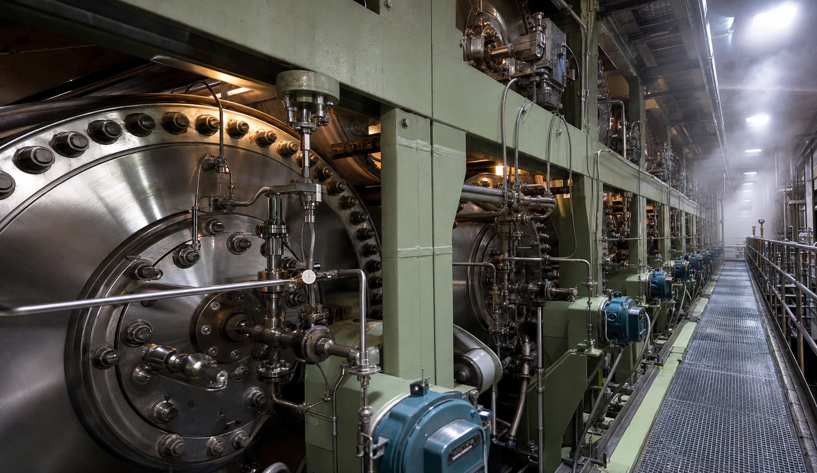 Paper machine dryer section viewed from the operator aisle &mdash; bolted end-head dryer cylinders stacked in two tiers with steam joints, condensate piping, and machine frame around them