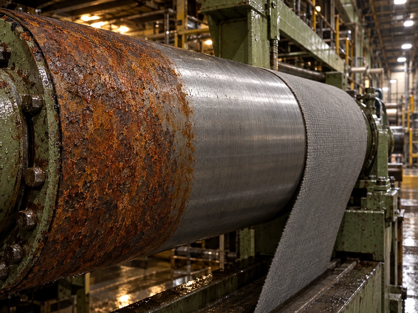 Paper machine felt roll with rust on one section and a cleaned bare steel section next to the felt